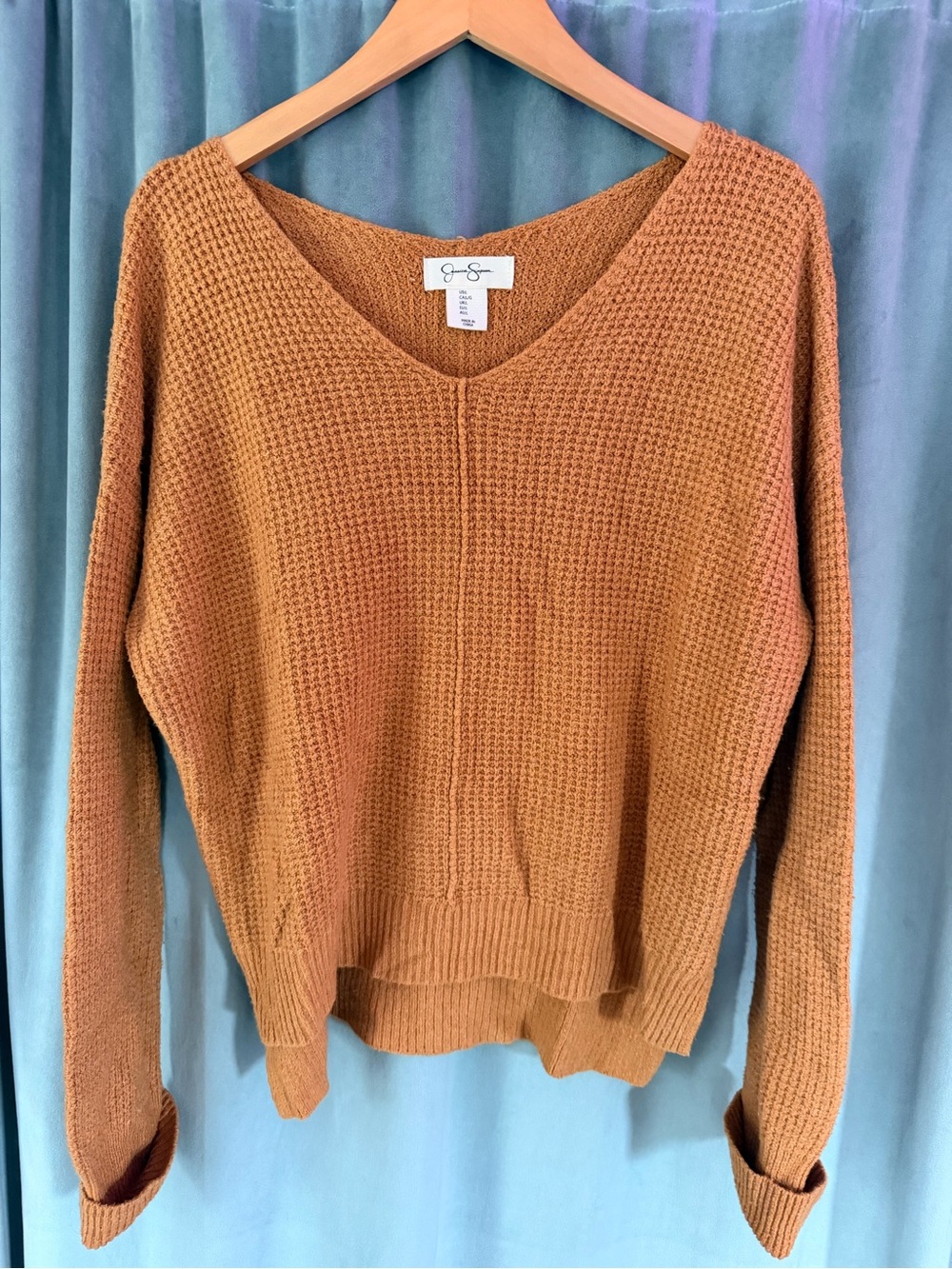 Jessica Simpson Camel V-Neck Waffle Knit Sweater